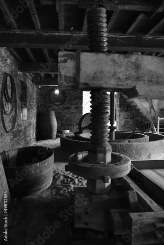 Cider press, Jersey, U.K. Black and white image of the agricultural industry from a bygone age.