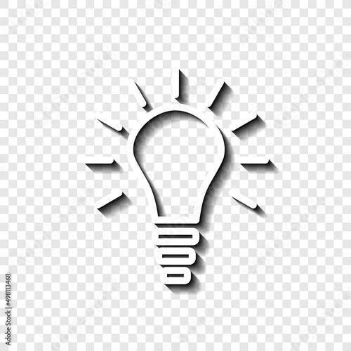 Light bulb simple icon. Flat desing. White with shadow on transparent grid.ai
