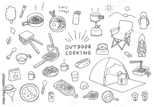 アウトドア料理・キャンプごはんにまつわる手描きイラスト（モノクロ）
