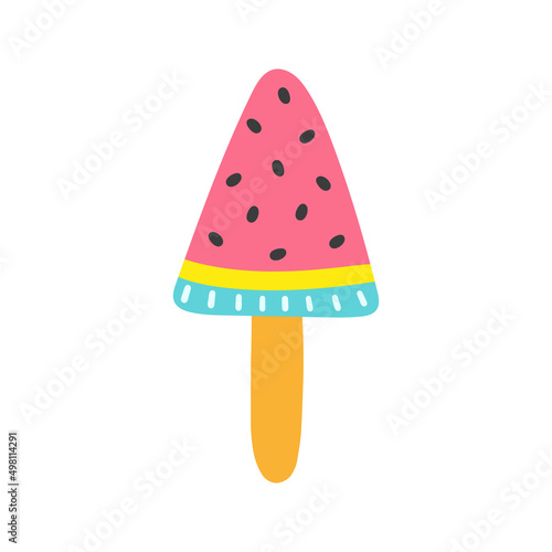 Cute and colorful vector popsicles, ice cream in the form of a watermelon on stick. Summer popsicle vector illustration. Flat Design Dessert Icon