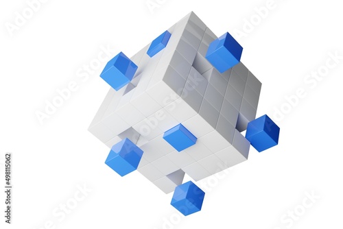 Blue cubes floating out of box of cubes isolated on white background, business partnership, teamwork or software module concept photo