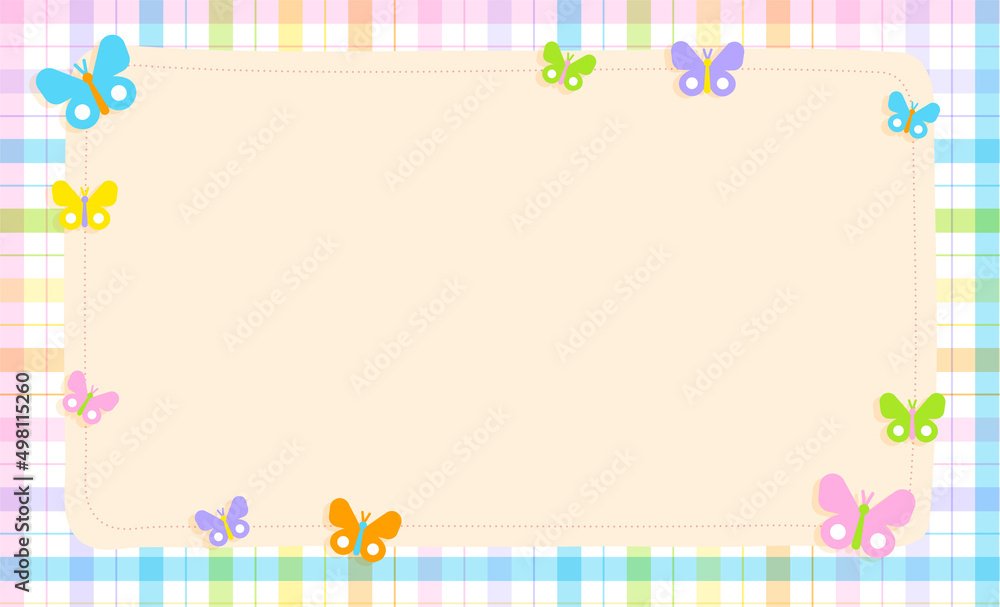 Cute Ornament Element Rainbow Pastel Beautiful Butterfly Insect Plaid Gingham Pattern Paper Background Frame Border. Blank note Vector Illustration. Editable Stroke. Cute Ornament Element Rainbow Pastel Beautiful Butterfly Insect Plaid Gingham Pattern Paper Background Frame Border. Blank note Vector Illustration. Editable Stroke.