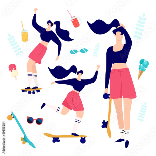 Roller skating girls collection. Girls rollerblading. Extreme sport. Summer vibes Vector illustration.