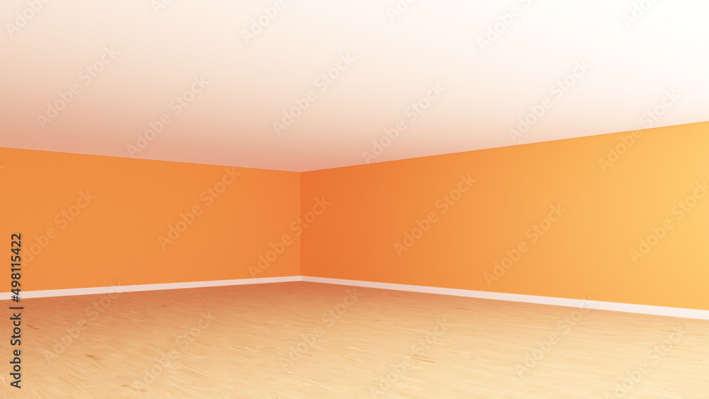 Empty Interior Corner with Orange Stucco Walls, White Ceiling, Light Parquet Floor and a White Plinth. Unfurnished Empty Room. Perspective View. 3d rendering, Ultra HD 8K, 7680x4320, 300 dpi