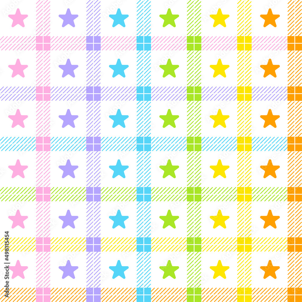 Pastel Rainbow Cute Star Space Shine Sparkle Sky Geometry Scott Checkered Plaid Tartan Gingham Pattern Square Background Vector Cartoon Illustration Tablecloth, Picnic mat wrap paper, Mat, Fabric