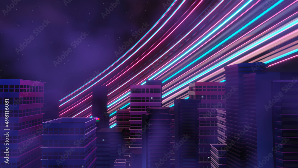 3d render of Cyber punk night city landscape concept. Light glowing on dark scene. Night life. Technology network for 5g. Beyond generation and futuristic of Sci-Fi Capital city and building scene.