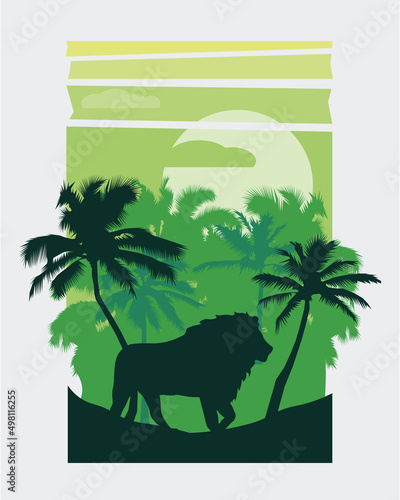 Silhouette of green lion and wild jungle, trees. EPS