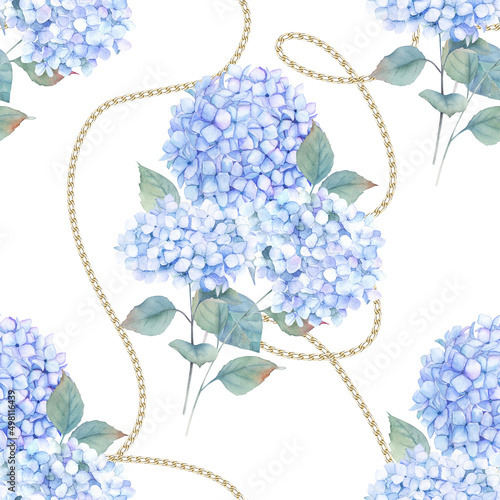 Photo Watercolor seamless pattern witn blue hortensia, hydrangea and golden chain