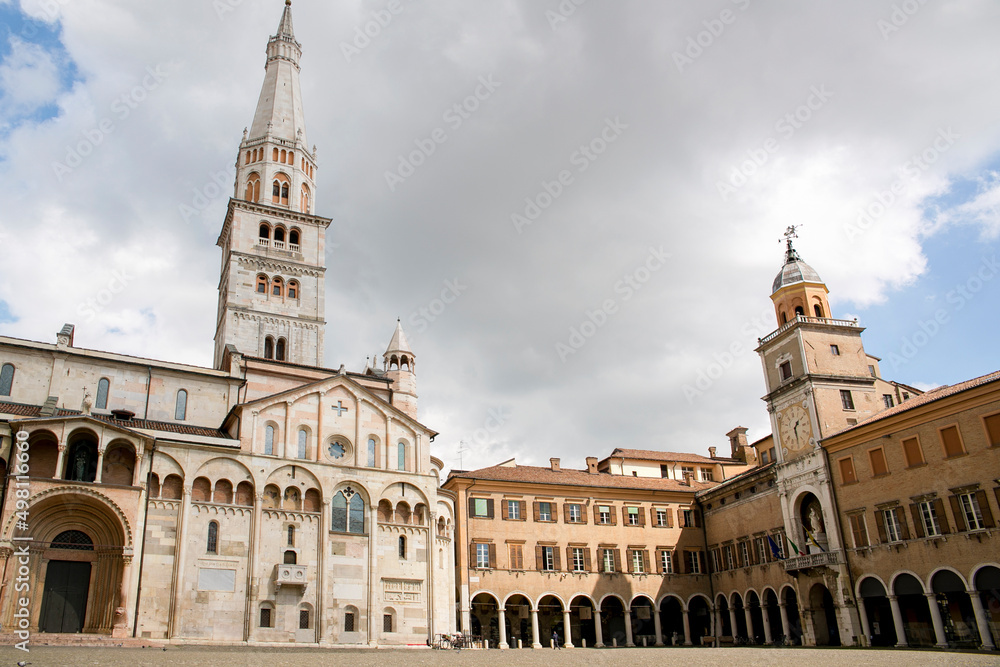 Panoramic view of Piazza Grande with the Duomo, Ghirlandina tower and the town hall in Modena, Italy.