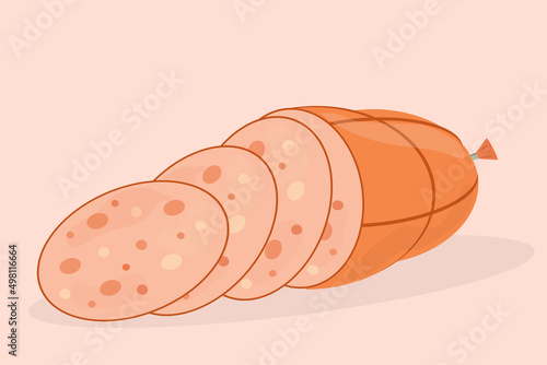 boiled sausage with pieces of ham cut into slices