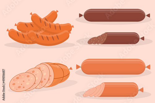 set of sausage products sausages and salami boiled sausage