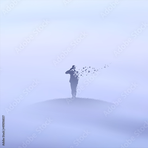 Dying soldier on war. Death, afterlife. Flying birds in foggy clouds