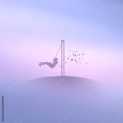 Boy on swing silhouette. Dying child. Death and afterlife. Bird in fog