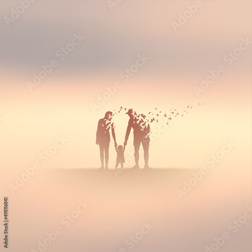 Family silhouette in fog. Child and dying parent. Death and afterlife