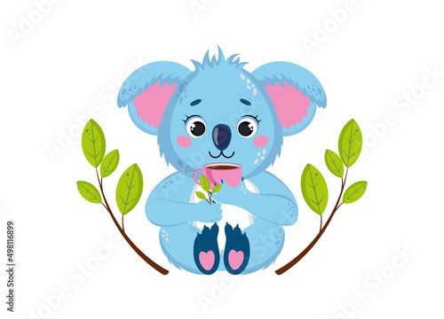 Canvas Print Cute animal- koala. With a sprig of tea leaves.
