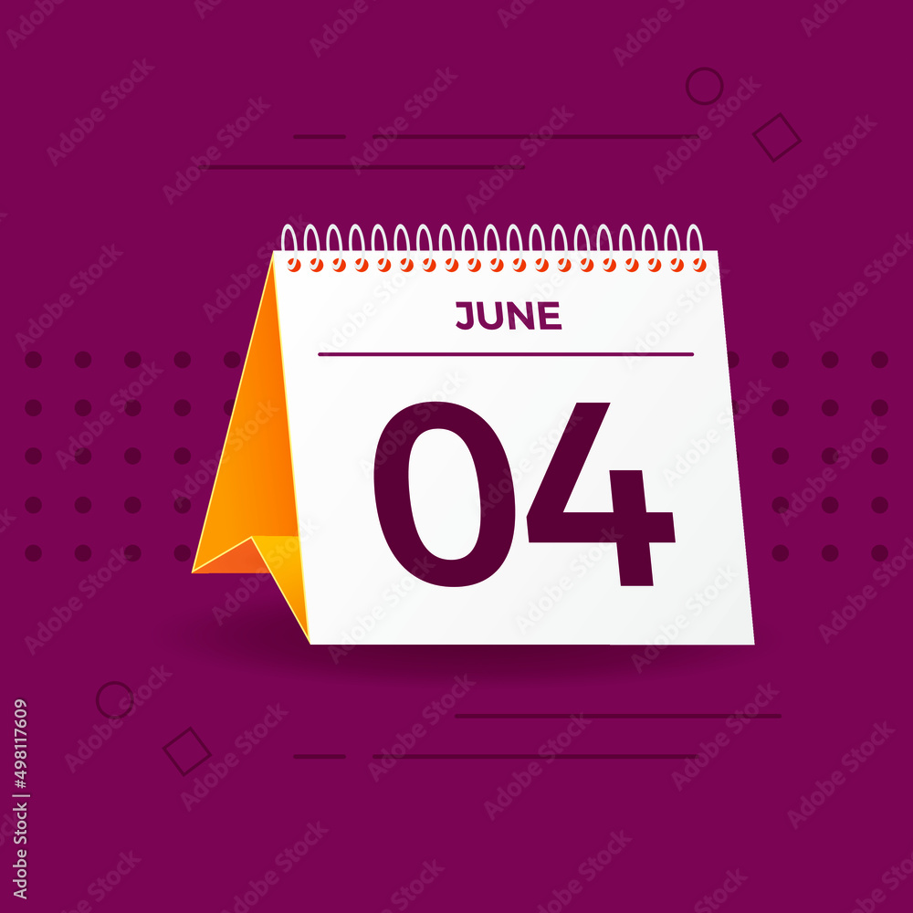 White and yellow calendar on burgundy background. 4th of June. Vector. 3D illustration.