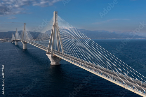 Huge suspension bridge with four large pillars over sea strait, Rio-Antirrio, Peloponnese, Greece