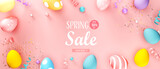 Spring sale message with colorful Easter eggs and spring holiday pastel colors - 3D render