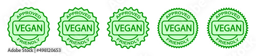 Set of vegan stamps. Plant based vegetarian food product label. Green round stamp. Logo or icon.
