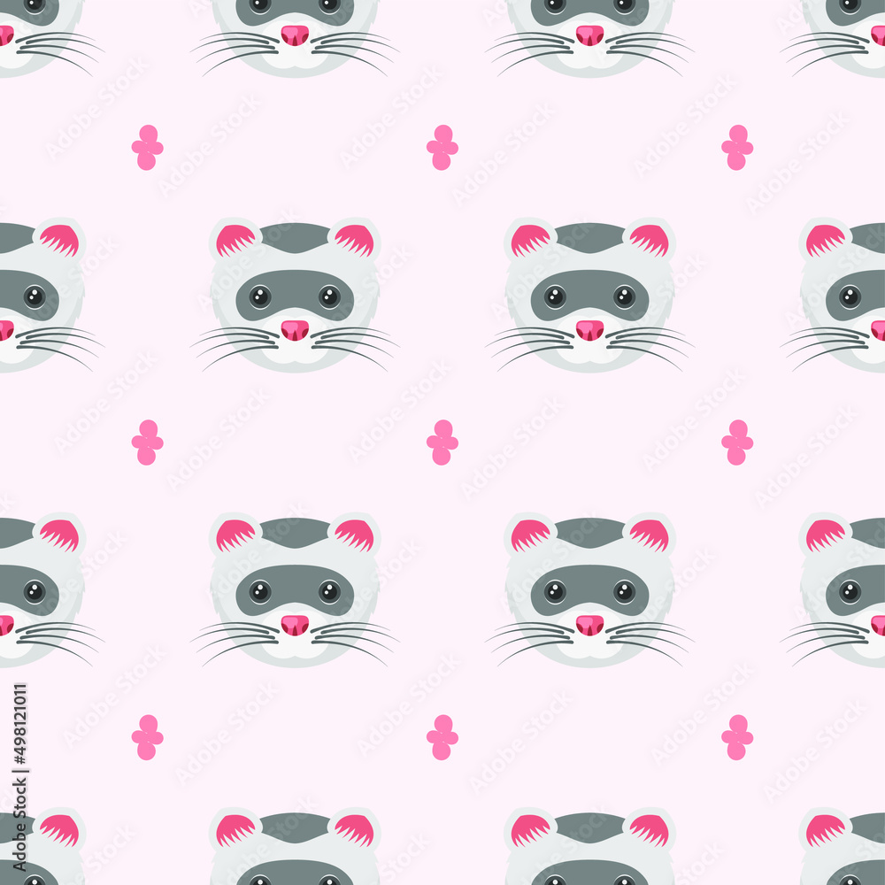 Seamless Pattern Abstract Elements Animal Ferrets Head Wildlife Vector Design Style Background Illustration Texture For Prints Textiles, Clothing, Gift Wrap, Wallpaper, Pastel
