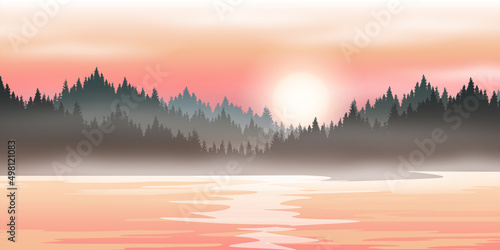 vector mountain picture mountain landscape pictures and rivers, lakes with sunrise or sunset mountain next to river