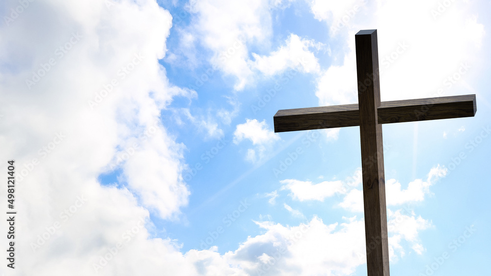 Jesus Christ cross. Easter, resurrection concept. Christian wooden cross on a background with dramatic lighting, colorful mountain sunset, dark clouds and sky, sunbeams.