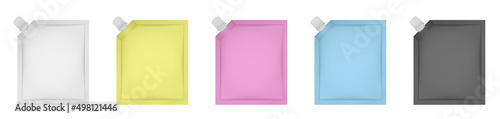 Set of spouted pouches. White, yellow, pink, blue and black sachet. Vector bags mockup, paper or foil packs. Cosmetics samples. Moisturizing face mask. Realistic 3d mock up. Doypack. Korean cosmetics