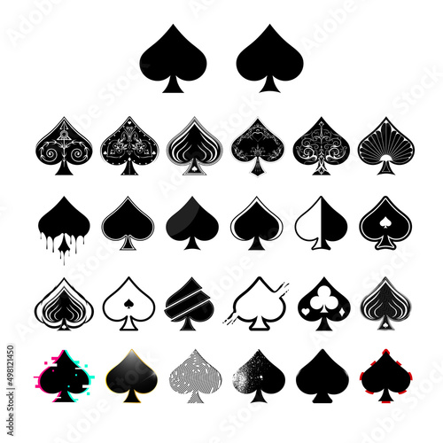 Big set of black spades suits playing cards of different designs for gambling. Great design for poker and casino of spades suits.