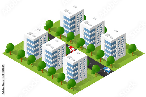 Isometric 3D illustration city urban area with a lot of houses and skyscrapers