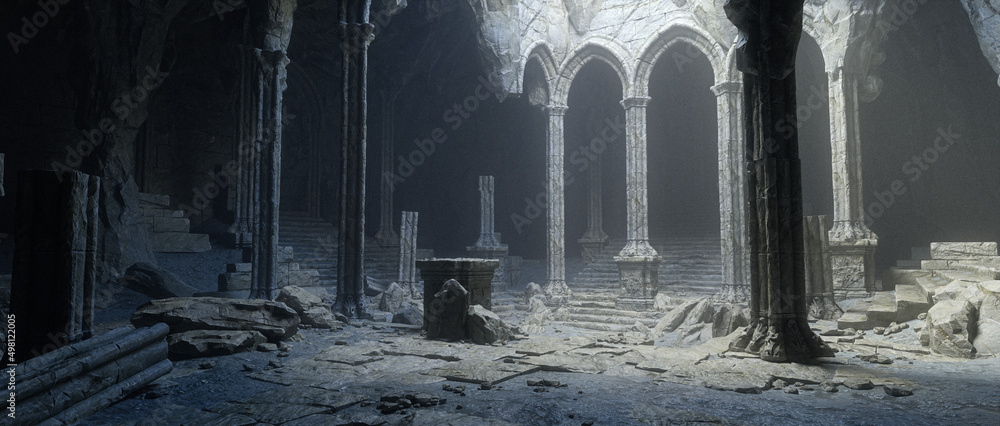 Obraz premium Dark and creepy old ruined medieval fantasy temple. 3D illustration.