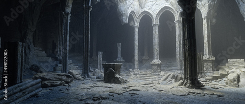 Obraz na plátně Dark and creepy old ruined medieval fantasy temple