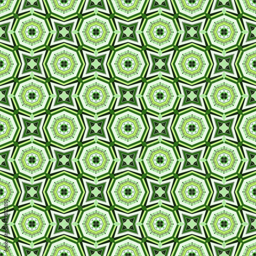 Green octagons with a pattern inside and quadrangular stars alternate, arranged in rows and form a tile. Seamless pattern. Vector illustration.