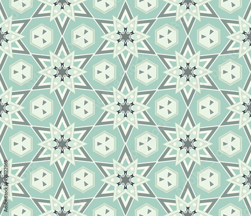 The monotonous discreet pattern consists of hexagonal stars and hexagons. Seamless texture. Vector illustration.