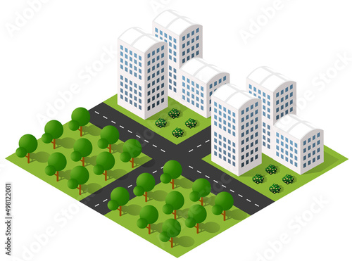 Isometric 3D illustration city urban area with a lot of houses and skyscrapers