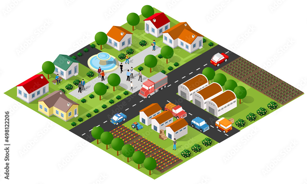 Country village district isometric illustration of a rural area