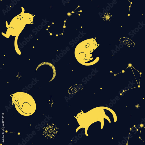 Seamless vector pattern with cute funny cats in space. Cosmic background with stars, constellations and moon.