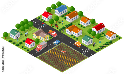 Country village district isometric illustration of a rural area