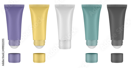 Set of roller ball tubes. Body antiperspirant deodorant roll-on, open and closed blank tubes with screw cap. Realistic vector mockup. Eye Cream Roll Ball Tube. Roller Applicator. Massage