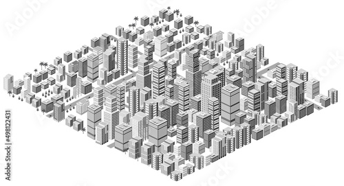 Isometric 3D illustration city urban area with a lot of houses and skyscrapers