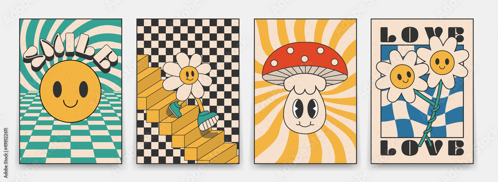 Collection of bright groovy posters 70s. Retro poster with psychedelic landscapes with flowers and mushrooms, vintage prints with grunge texture - obrazy, fototapety, plakaty 