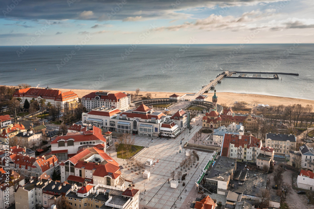Fototapeta premium Aerial landscape of Sopot at Baltic sea with the wooden pier - Molo, Poland