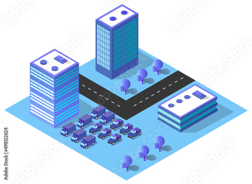 City urban area map Isometric vehicles 3D illustration architecture
