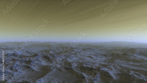 alien planet landscape sci fi spatial background  view from planet surface with spectacular sky  realistic digital illustration  