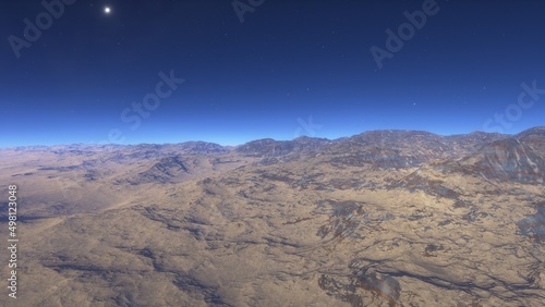 alien planet landscape sci fi spatial background, view from planet surface with spectacular sky, realistic digital illustration 