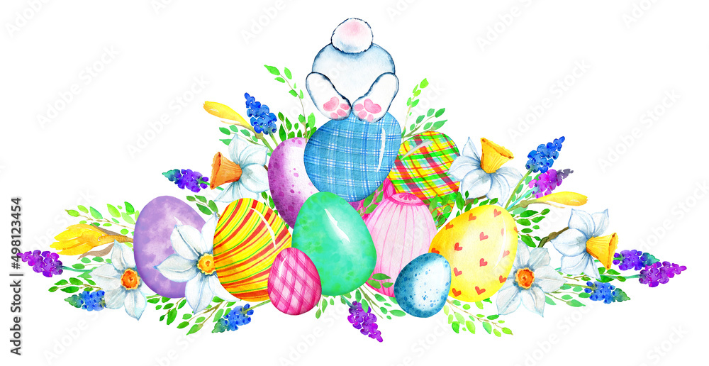 Cute easter bunny, rabbit cottontail and eggs illustration painted with watercolor. Cartoon colorful elements isolated on white. Easter decoration, greeting, card, invitation