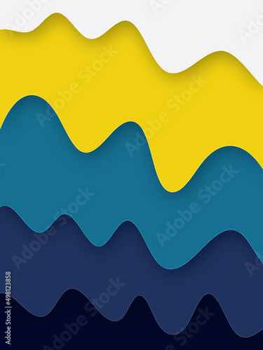 Abstract smooth pastel multi-color papercut background with waves. Blue white and yellow multi-color multi-layer curve and wavy 3d papercut background with shadow.
