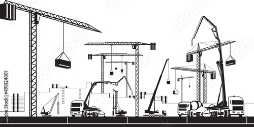 Construction site with heavy machinery – vector illustration