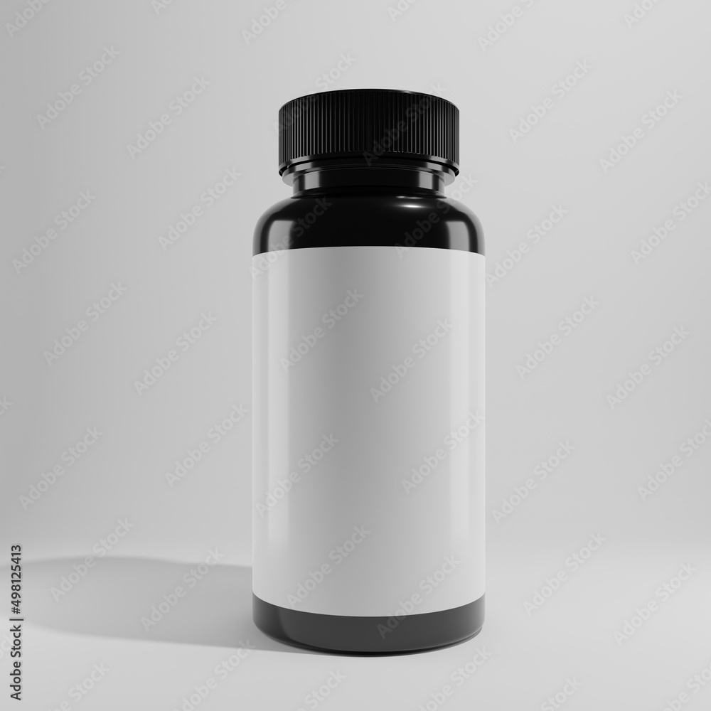 black plastic bottle of medicine with blank label a front view 3d render