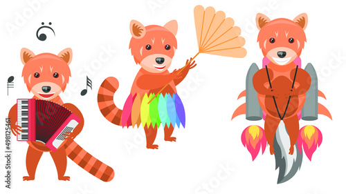 Set Abstract Collection Flat Cartoon Different Animal Red Pandas Flies On A Jetpack, With A Fan In A Dress, Plays The Accordion Vector Design Style Elements Fauna Wild