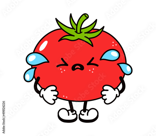 Cute funny crying sad tomato character. Vector hand drawn traditional cartoon vintage, retro, kawaii character illustration icon. Isolated on white background. Cry tomato character concept